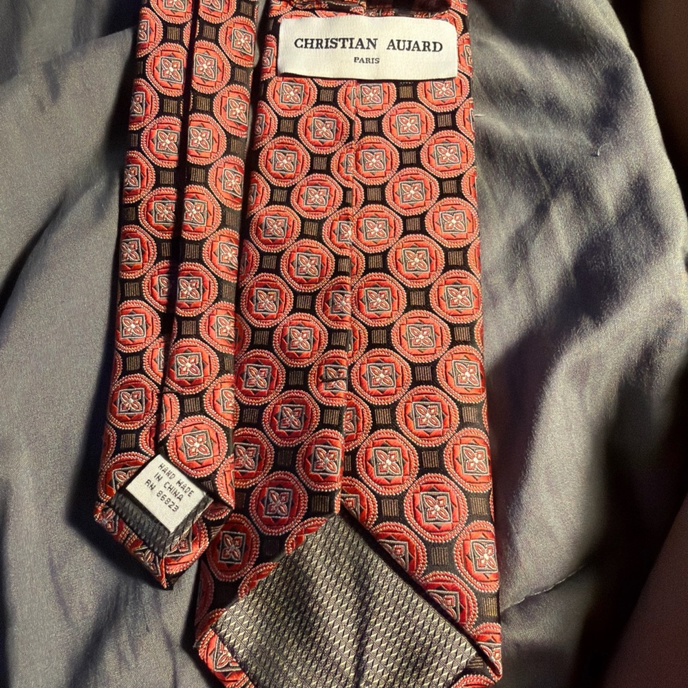 Christian Aujard Red Orange and Black Geometric Medallion Silk Tie